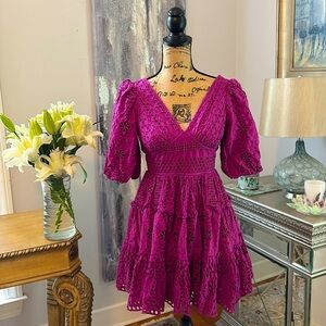 CYNTHIA ROWLEY designer purple lace cotton puff sleeve sexy mini sundress 2 XS